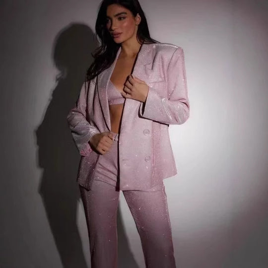 Damen Glitzerndes Anzugset mit Crop-Top und Flared Pants Heidi-Mode