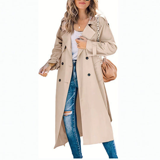 Damen eleganter Trenchcoat mit doppelt Reihe Knopfverschluss und Taillengürtel Heidi-Mode