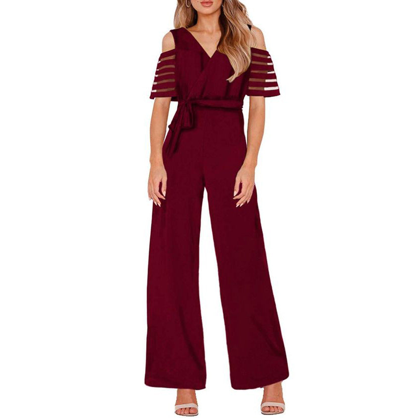Damen Eleganter Jumpsuit mit transparenten Ärmel-Details und Taillengürtel Heidi-Mode