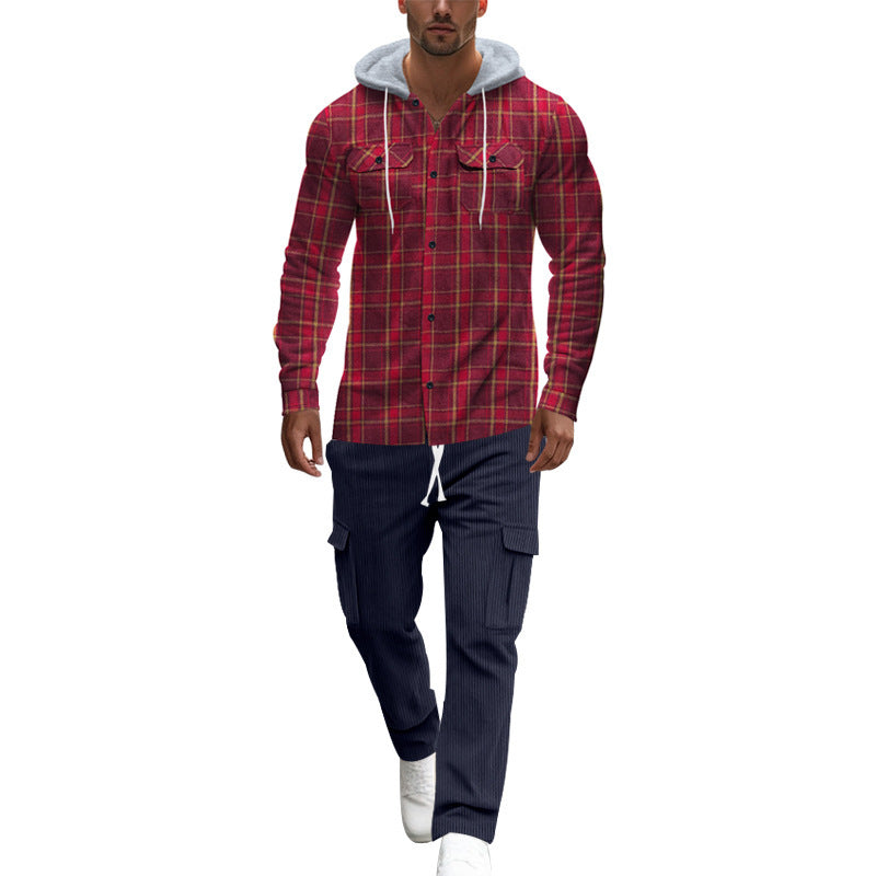 Herren gemusterte Kapuzenshirtjacke mit karierter Struktur und praktischen Taschen Heidi-Mode
