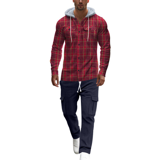 Herren gemusterte Kapuzenshirtjacke mit karierter Struktur und praktischen Taschen Heidi-Mode