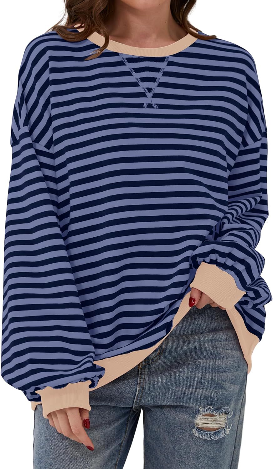Damen lässiger Oversized Sweatshirt mit bunten Streifen und Kapuzenkordel Heidi-Mode