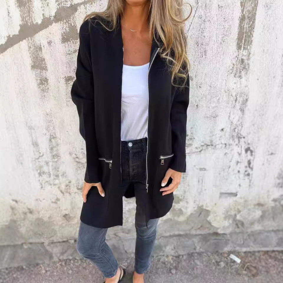 Damen Elegante Strickjacke mit Reißverschluss und Taschen Heidi-Mode
