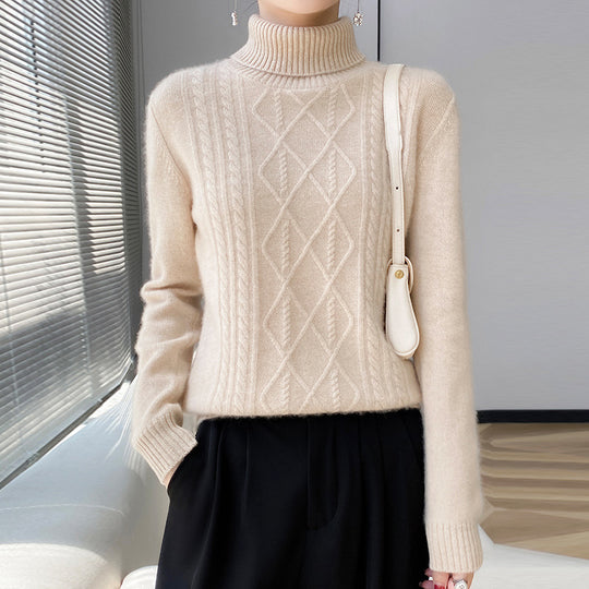 Damen Strickpullover mit hoch geschlossenem Kragen und Zopfmuster Heidi-Mode