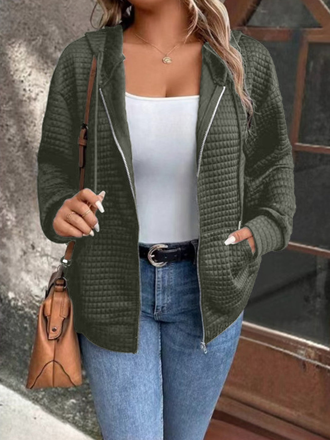 Damen Kapuzenjacke mit strukturiertem Waffelmuster und praktischem Reißverschluss Heidi-Mode
