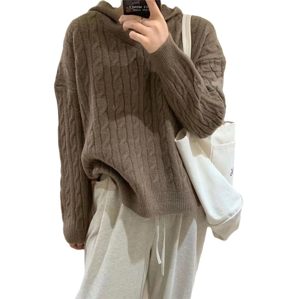 Damen Kuscheliger Strickpullover mit Kapuze und Kabelmuster Heidi-Mode