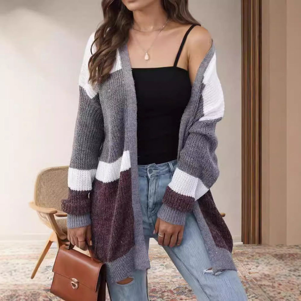 Damen lockere Strickjacke mit modischem Streifenmuster Heidi-Mode