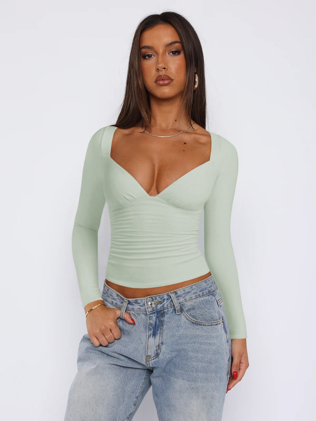 Damen figurbetontes Langarmoberteil mit V-Ausschnitt und Raffungen Heidi-Mode