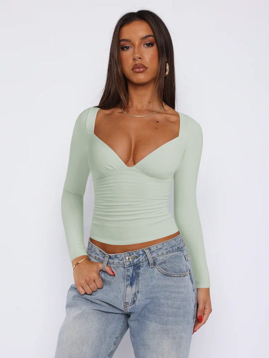 Damen figurbetontes Langarmoberteil mit V-Ausschnitt und Raffungen Heidi-Mode