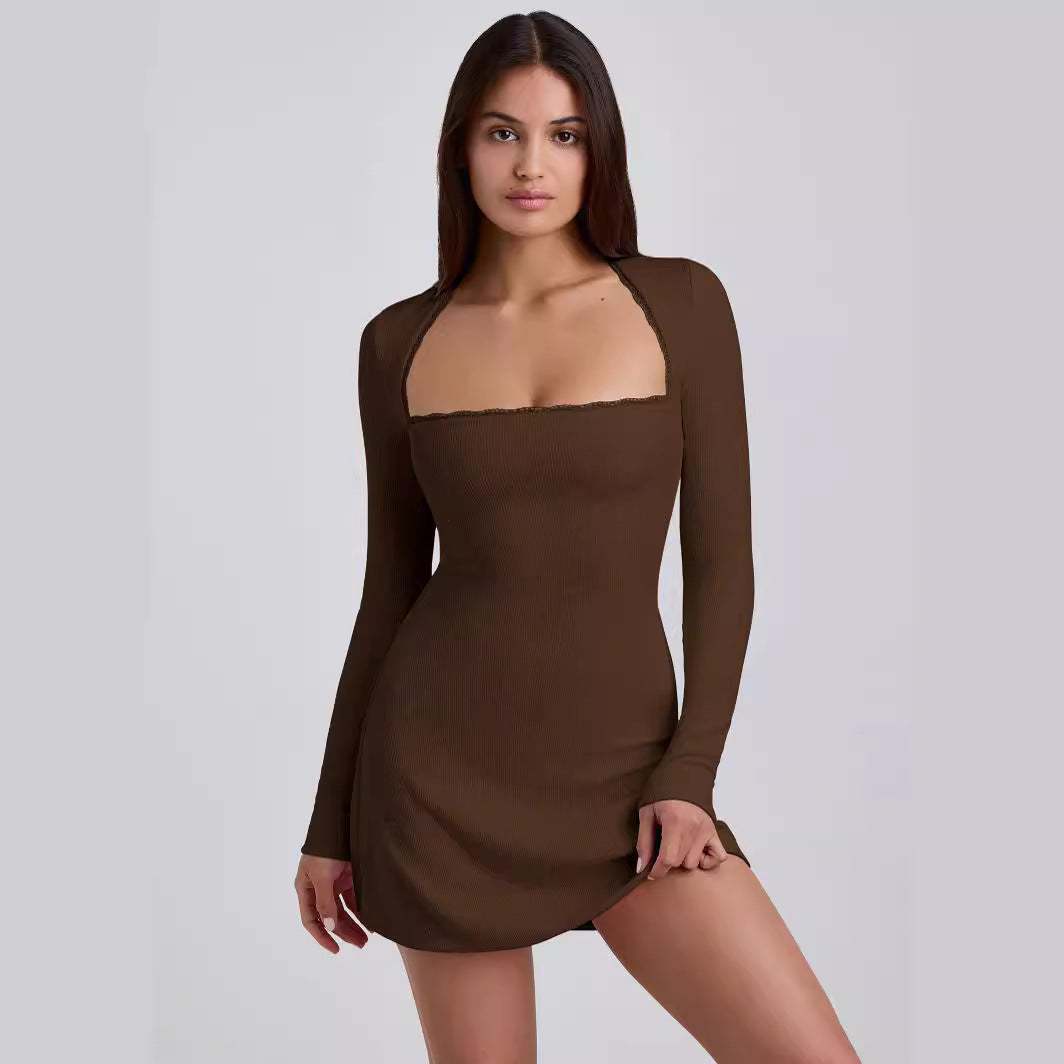 Damen Langärmeliges Minikleid mit elegantem Ausschnitt und Rippstruktur Heidi-Mode
