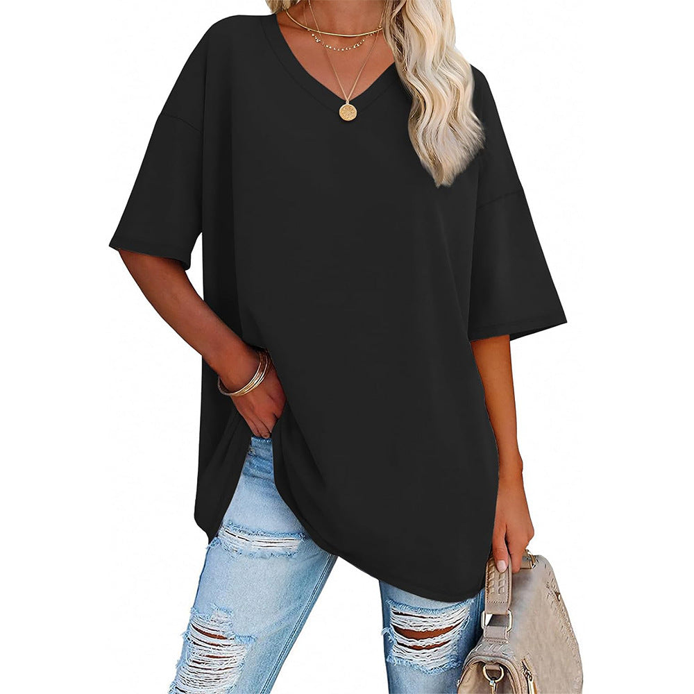 Damen Oversized T-Shirt mit V-Ausschnitt und seitlichen Schlitzen Heidi-Mode
