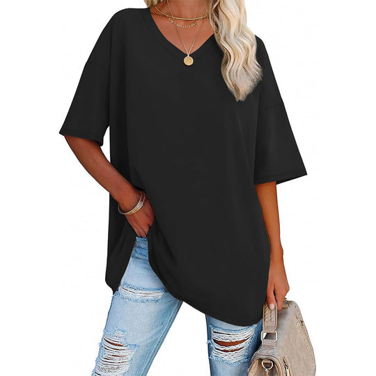 Damen Oversized T-Shirt mit V-Ausschnitt und seitlichen Schlitzen Heidi-Mode