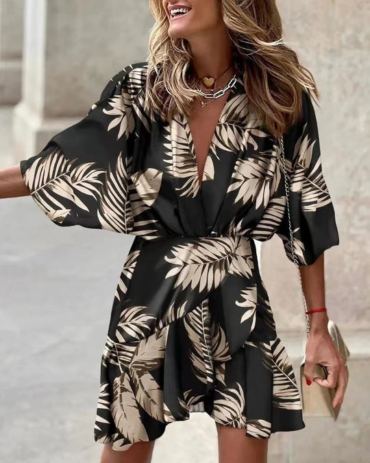 Damen Lässiges Wickelkleid mit voluminösen Ärmeln und modischem Tierdruck Heidi-Mode