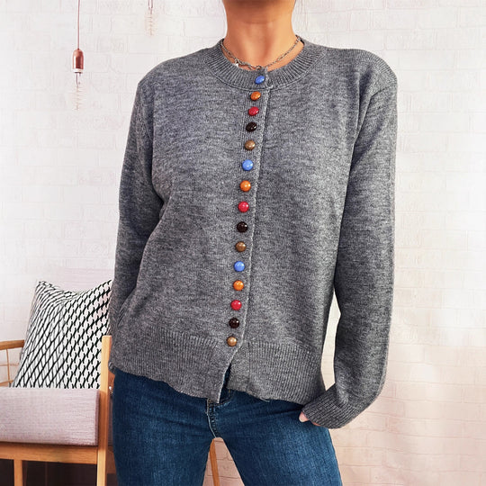 Damen stilvolle Strickjacke mit bunten Knöpfen Heidi-Mode