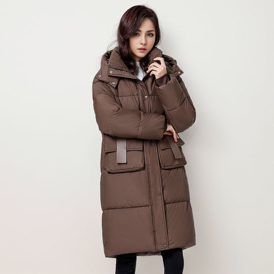 Damen gesteppter Langmantel mit wärmender Kapuze und praktischen Taschen Heidi-Mode