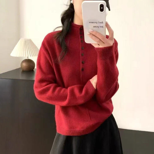 Damen Hochgeschlossener Strickpullover mit Knopfdetails Heidi-Mode