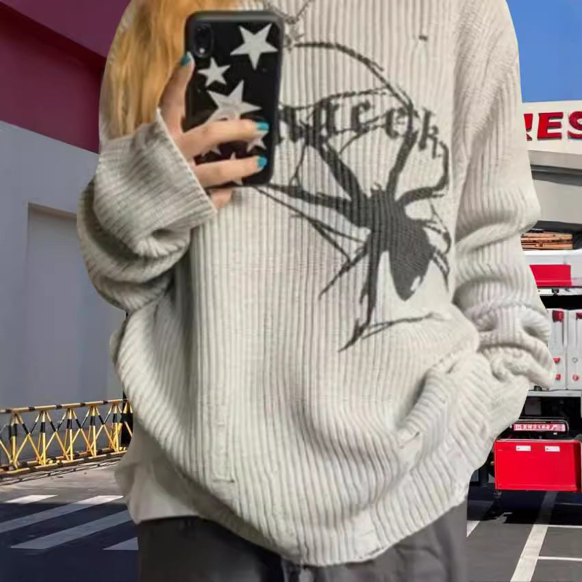 Damen Oversized Strickpullover mit auffälligem Spinnenmuster Heidi-Mode