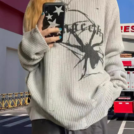 Damen Oversized Strickpullover mit auffälligem Spinnenmuster Heidi-Mode