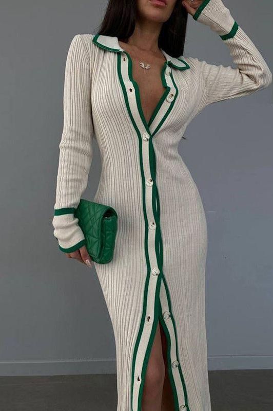 Heidi-Mode | Slim Revers Lang Strickjacke Kleid