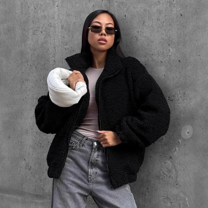 Damen Teddyjacke mit hohem Kragen und voluminösen Ärmeln Heidi-Mode