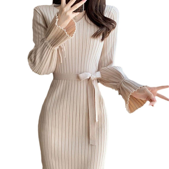 Damen Figurbetontes Maxikleid mit Bindegürtel und Rippstruktur Heidi-Mode