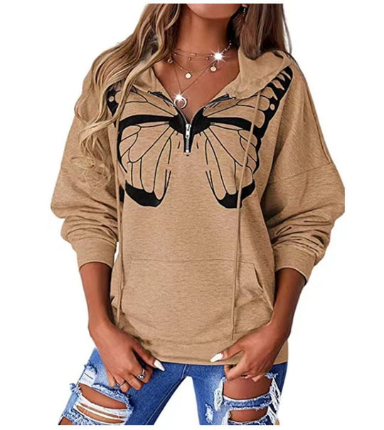 Damen lässiger Kapuzenpullover mit Schmetterlingsdruck und Halber Reißverschluss Heidi-Mode