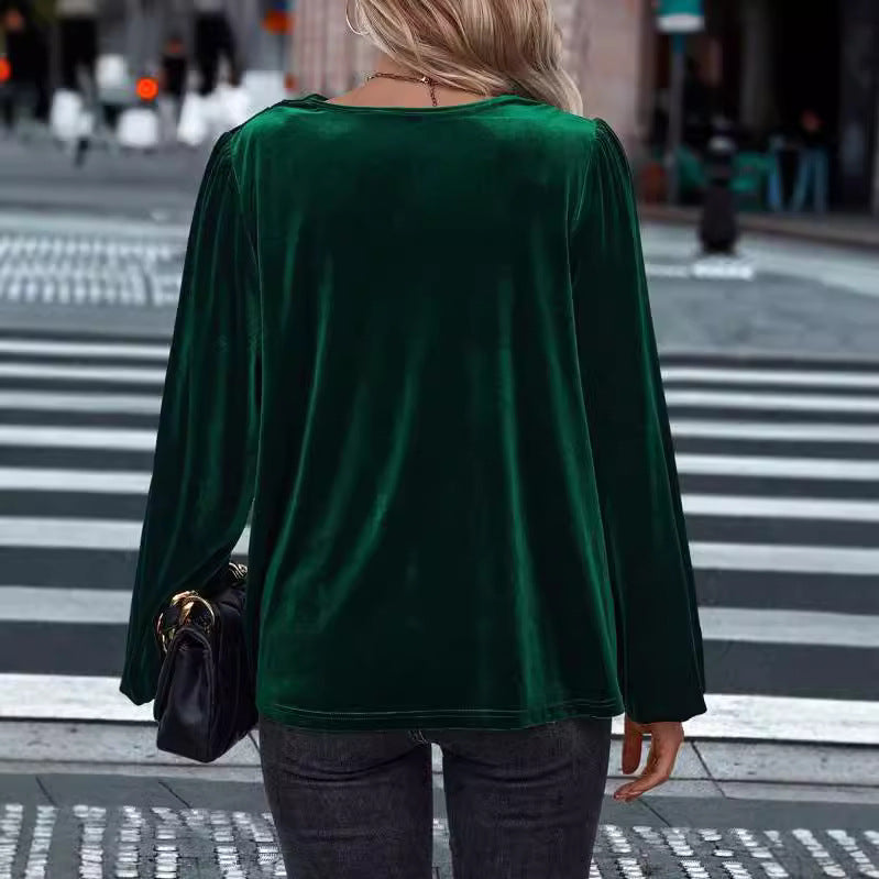 Damen elegante Bluse aus samtigem Material mit Drapé-Ausschnitt Heidi-Mode