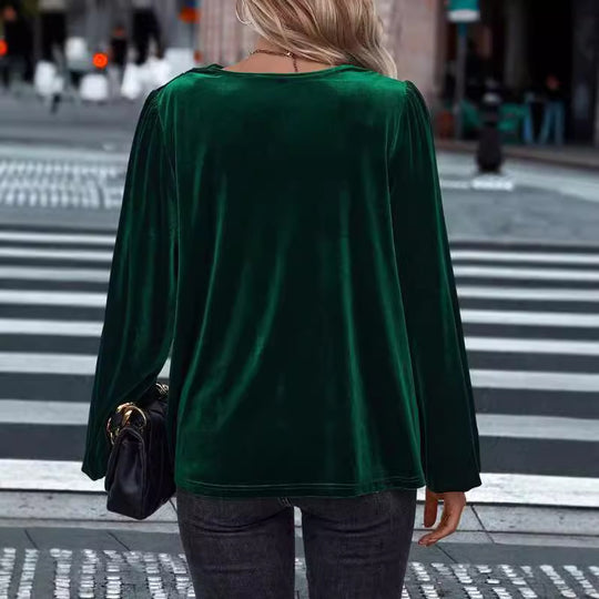 Damen elegante Bluse aus samtigem Material mit Drapé-Ausschnitt Heidi-Mode