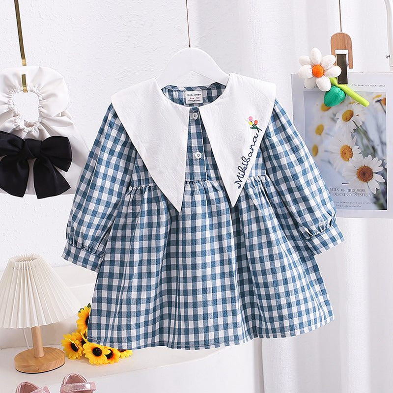 Mädchen Gingham Karierte Kleid mit Eleganter Peter Pan Kragen Heidi-Mode