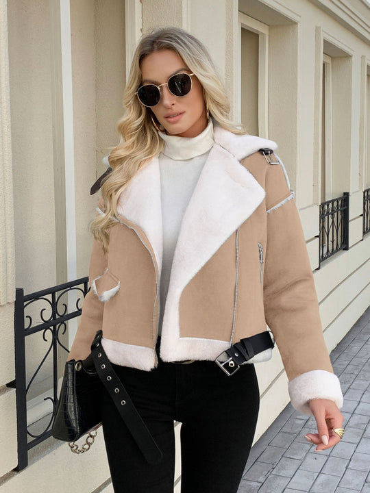 Damen modische jacke mit Kunstfellkragen und Gürtel Heidi-Mode