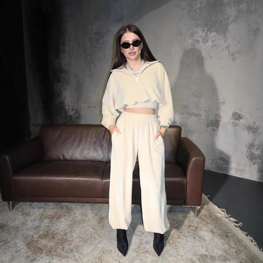 Damen lässiges Set mit kurzem Oberteil und bequemer Hose Heidi-Mode