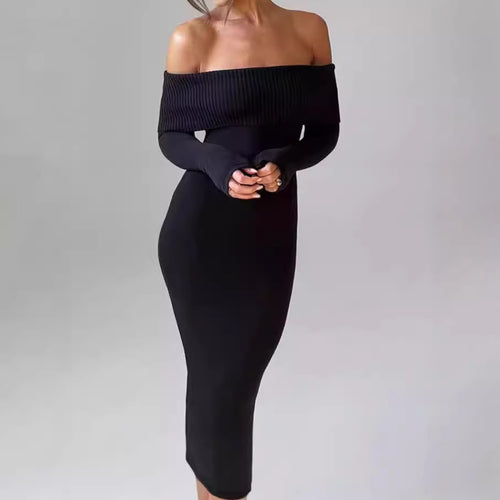 Damen Figurbetontes Off-Shoulder Maxikleid mit langen Ärmeln Heidi-Mode