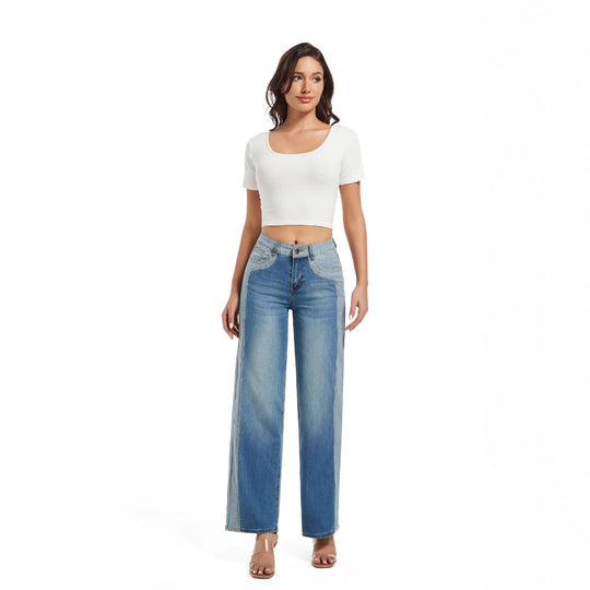 Damen Weit geschnittene Jeans mit modischen Kontrastnähten und hohem Bund Heidi-Mode