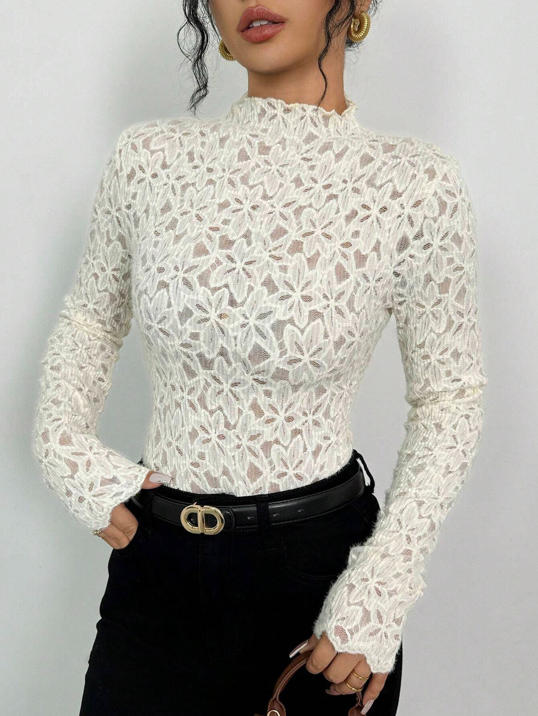 Damen Transparente Spitze Bodysuit mit hohem Kragen Heidi-Mode