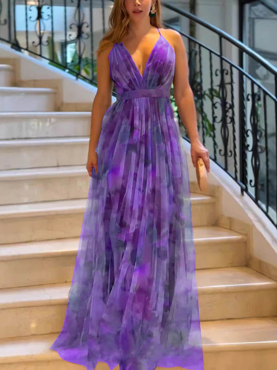 Damen Maxi-Kleid mit tiefem V-Ausschnitt und schwingendem Rock Heidi-Mode