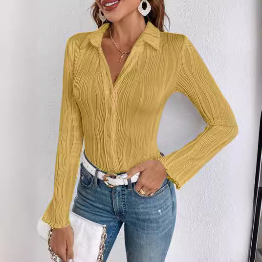 Damen schicke Langarmbluse mit feinem Rippmuster und klassischem Kragen Heidi-Mode