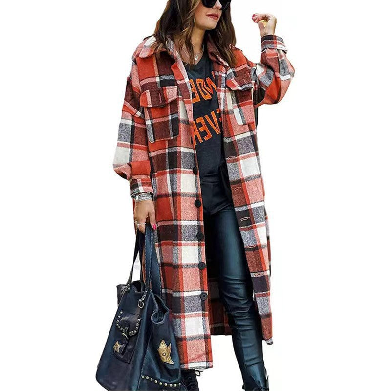 Damen Langarm-Wolljacke mit Karomuster und praktischen Taschen Heidi-Mode