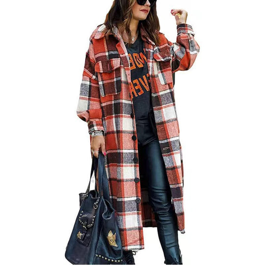 Damen Langarm-Wolljacke mit Karomuster und praktischen Taschen Heidi-Mode
