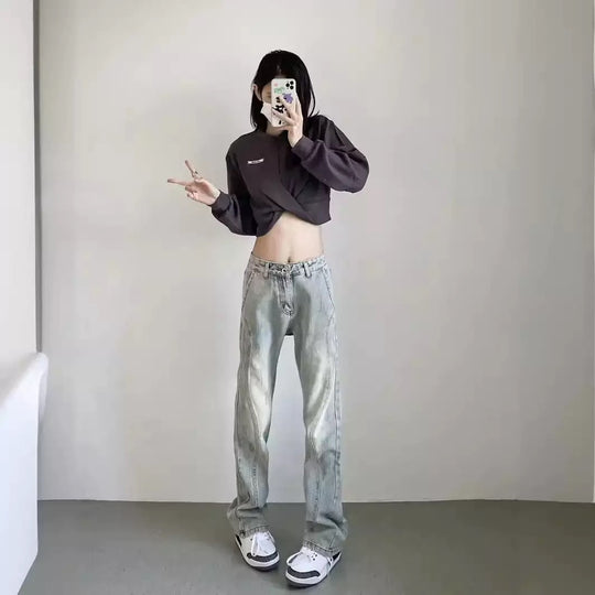 Damen weite High-Waist Denim-Jeans mit distressed Optik und bequemen Seitentaschen Heidi-Mode