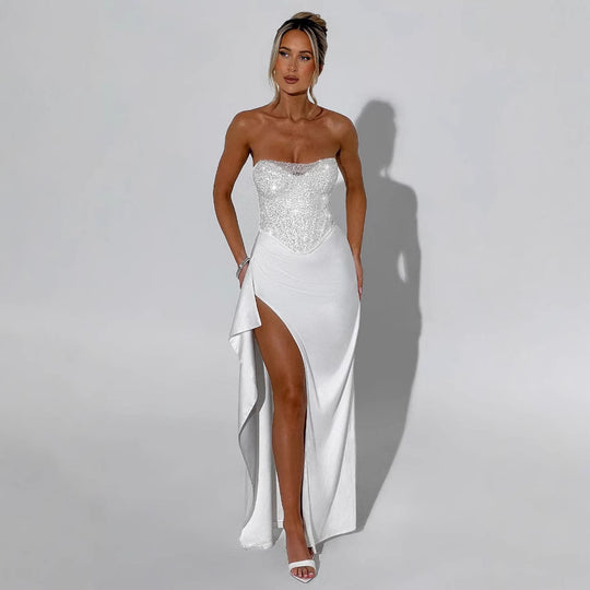 Damen Elegantes Abendkleid mit schimmerndem Oberteil und hohem Schlitz Heidi-Mode