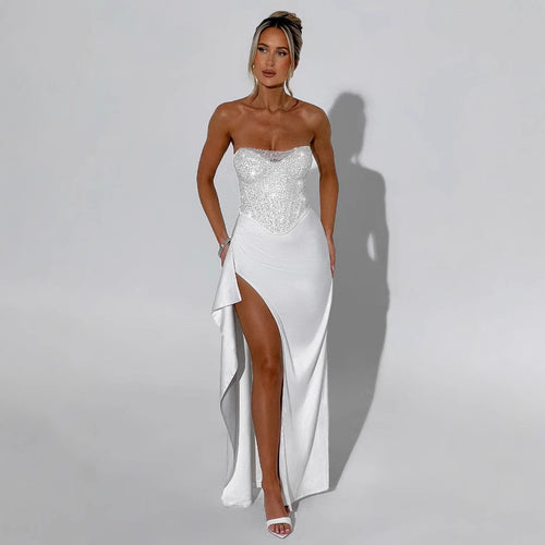 Damen Elegantes Abendkleid mit schimmerndem Oberteil und hohem Schlitz Heidi-Mode