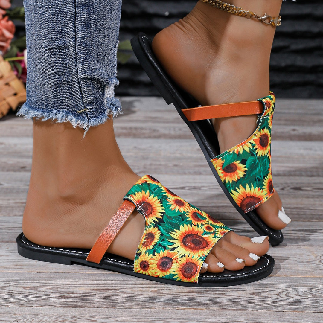 Damen Pantoletten mit floralem Sonnenblumen-Design und bequemem Fußbett Heidi-Mode