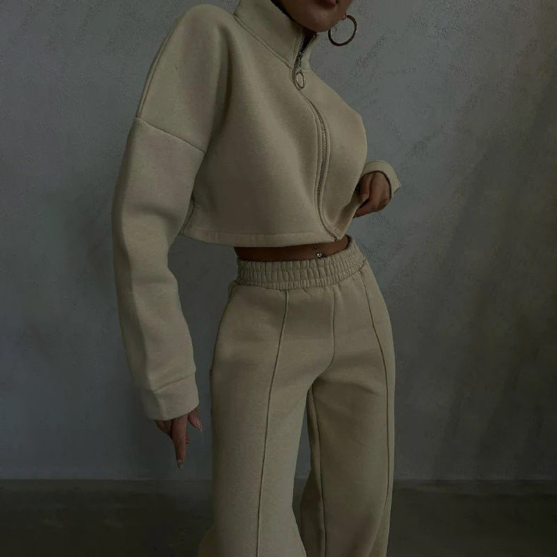 Damen modisches Cropped Hoodie-Set mit hohem Kragen Heidi-Mode