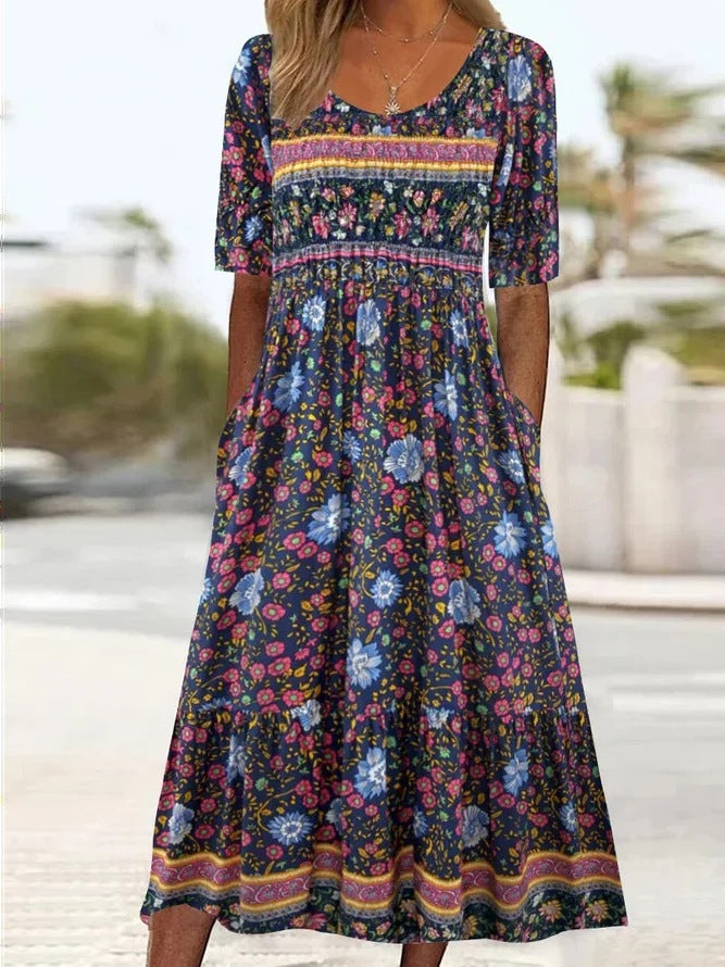 Heidi Mode | Rundhalsausschnitt Kurzarm Bohemian Print Kleid Frauen