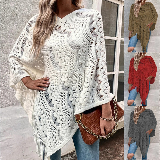 Damen eleganter Poncho mit dekorativem Häkelmuster Heidi-Mode