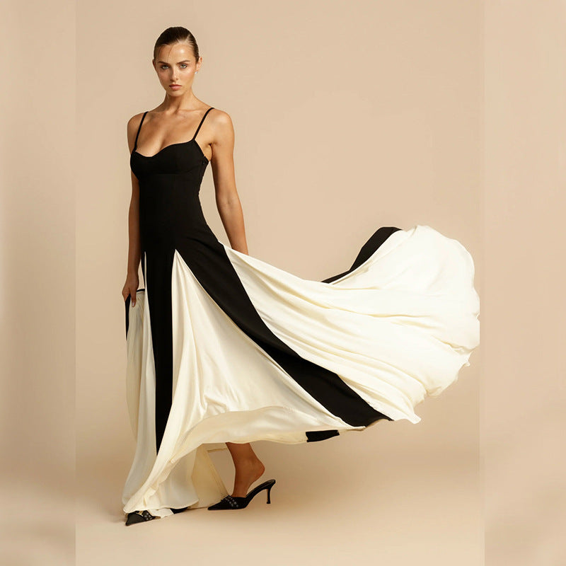 Damen Elegantes Maxikleid mit kontrastrierenden Stoffbahnen und schmalen Trägern Heidi-Mode