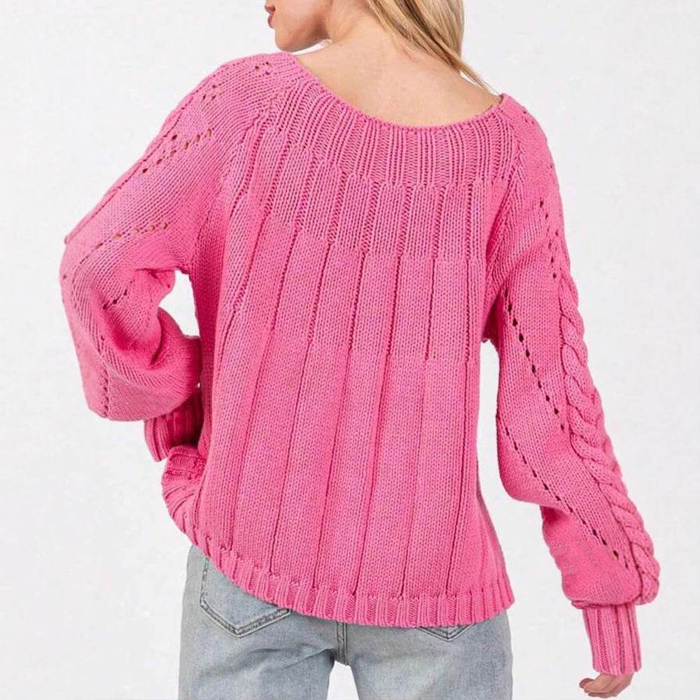 Damen Grobstrickpullover mit voluminösen Ärmeln und feinem Lochmuster Heidi-Mode