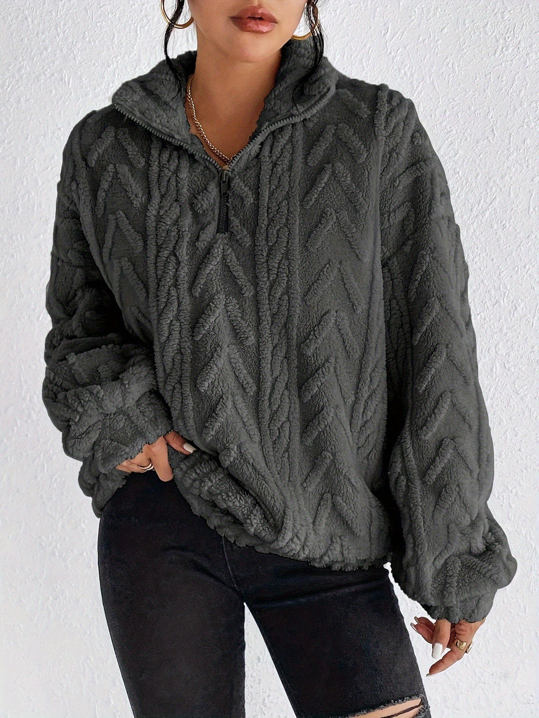 Damen Fleece Pullover mit hohem Kragen und strukturiertem Design Heidi-Mode