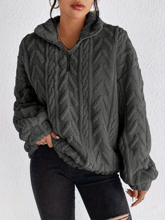 Damen Fleece Pullover mit hohem Kragen und strukturiertem Design Heidi-Mode
