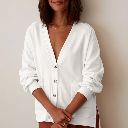 Damen lässige Strickjacke mit tiefem V-Ausschnitt und großen Taschen Heidi-Mode